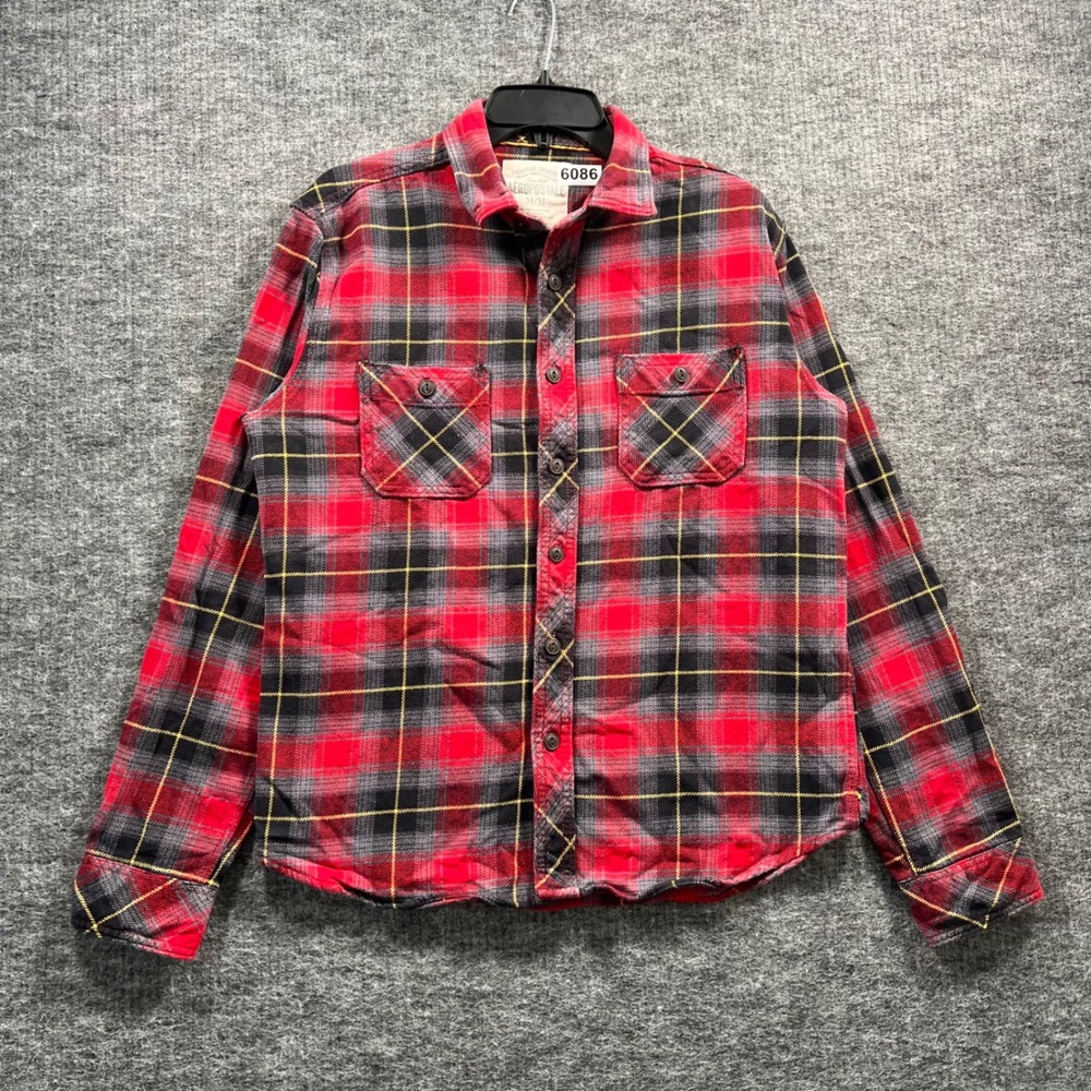 Aeropostale Mens Medium Red Black Yellow Plaid Flannel Button Up Shirt